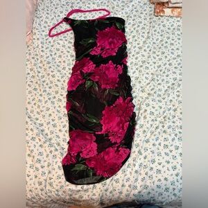 Floral Black and Pink Dress one shoulder midi 1XL